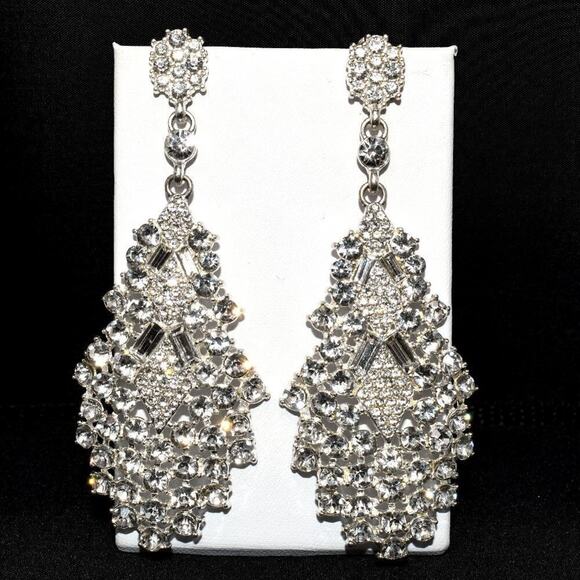 Vintage Long Rhinestone Wedding Earrings, Formal Bling 3 1/2 Inch Posts, 1990s - Picture 1 of 12